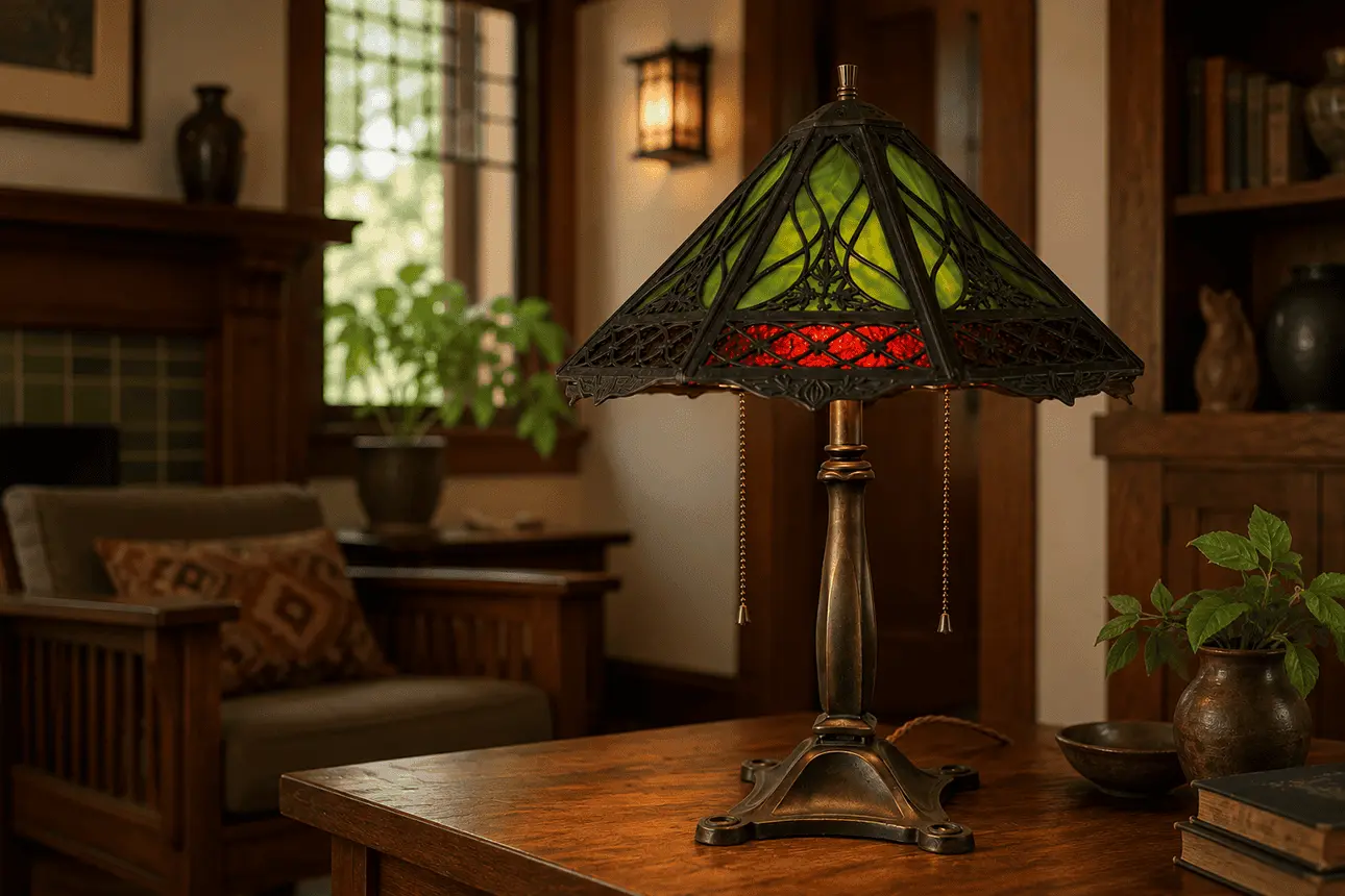 Antique brass table lamp with decorative stained glass shade — the type of vintage fixture we restore